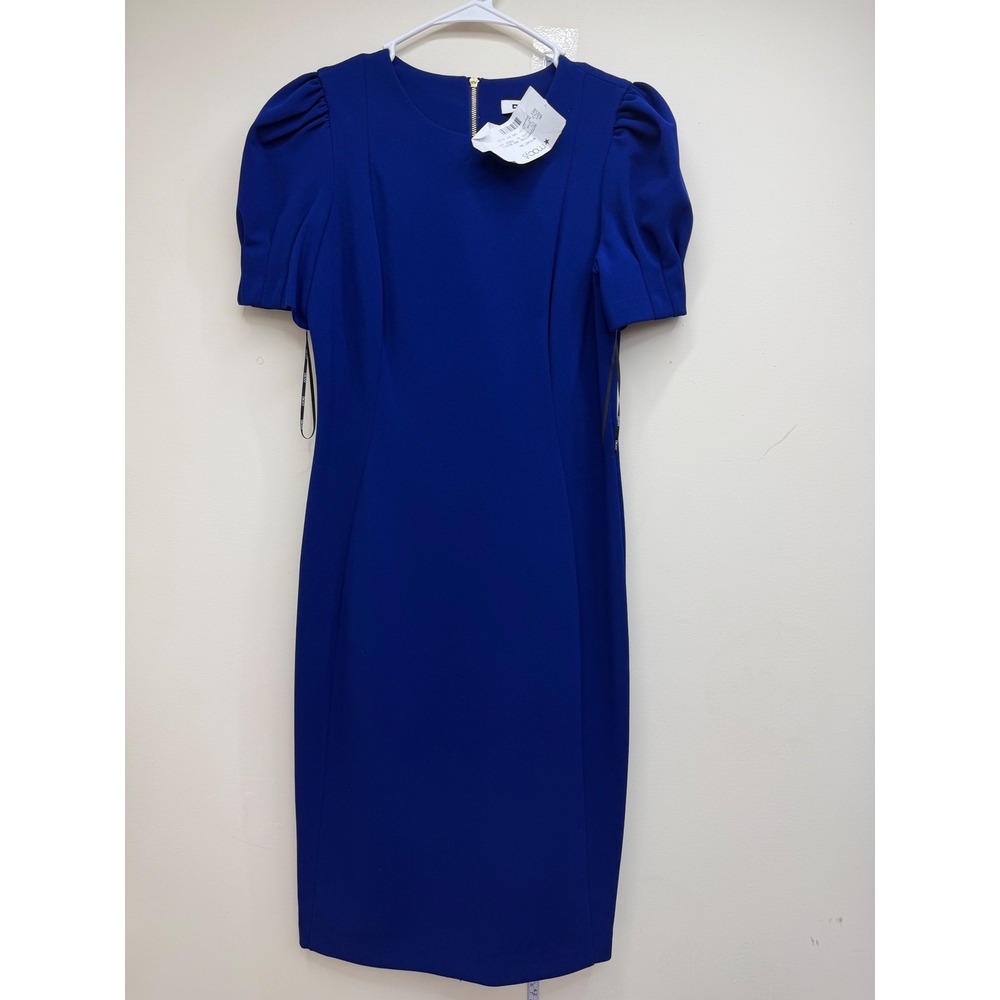 DKNY Sheath Dress Women 4 New Puff Sleeve Royal Blue Gold Zip MSRP $129